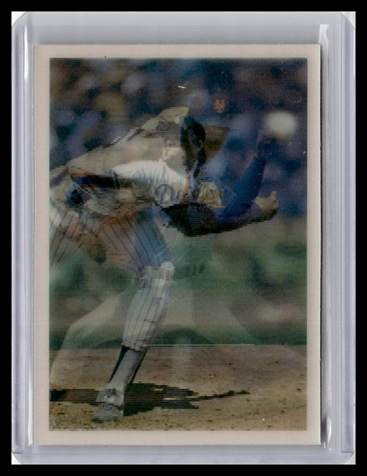Baseball trading card of a player in mid-air over a field
