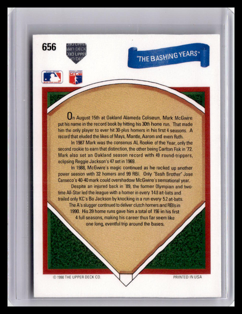 Baseball trading card with text and a logo on a white background