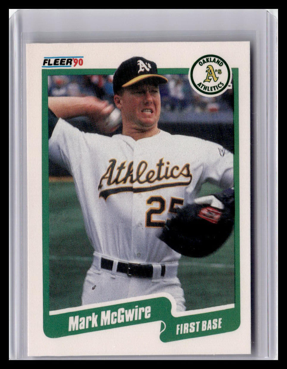 Baseball trading card of Mark McGwire for the Oakland Athletics, featuring the Fleer 90 logo.