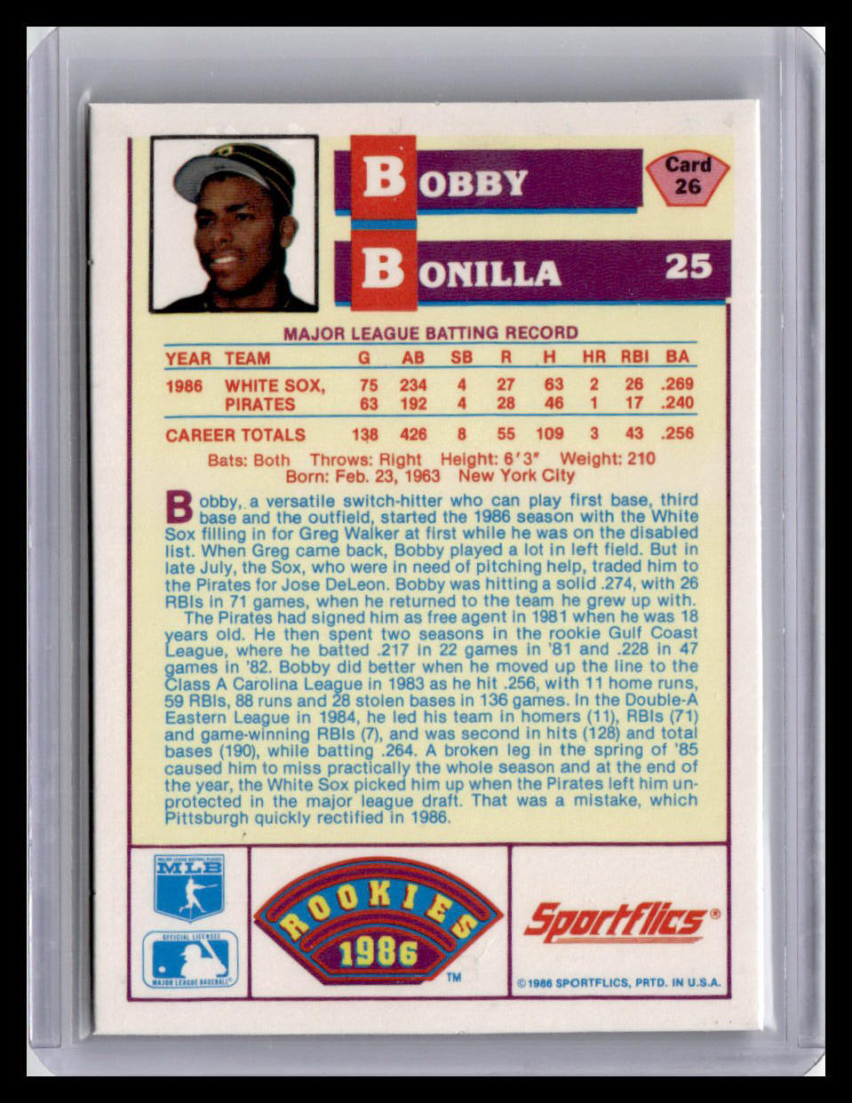 1986 Sportflics Rookies Bobby Bonilla #26