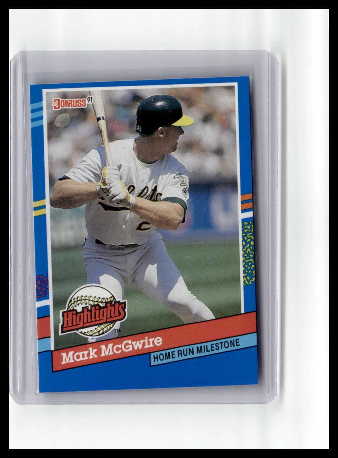 Baseball trading card of Mark McGwire with a blue border and white background