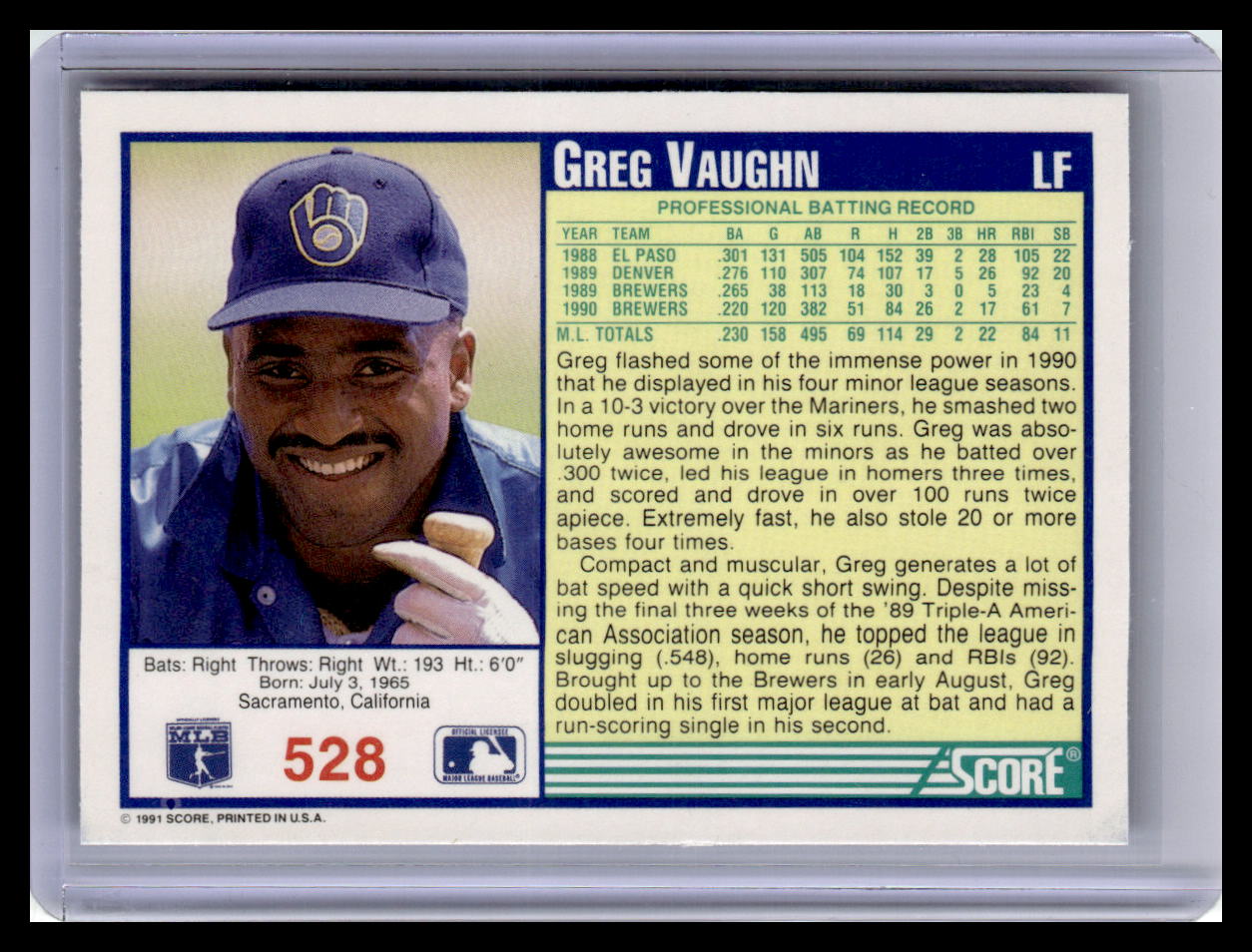 1991 Score Greg Vaughn Blue Border #528