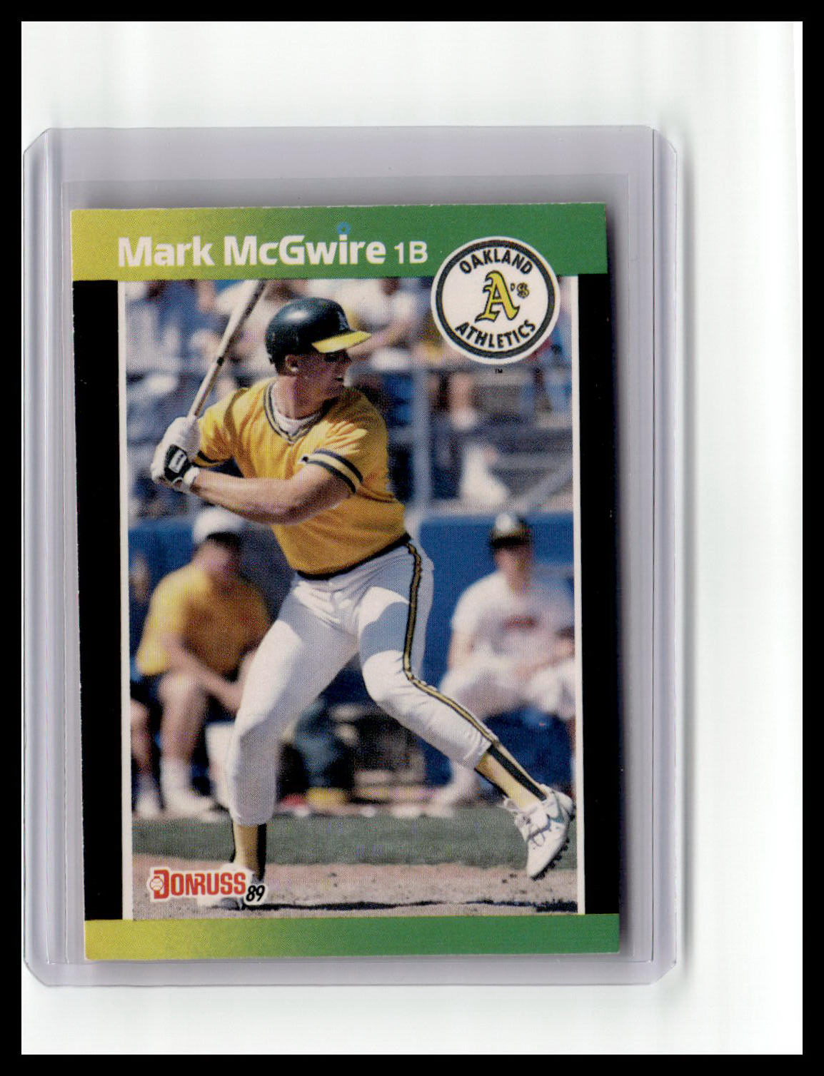 Baseball trading card of Mark McGwire with Oakland Athletics logo