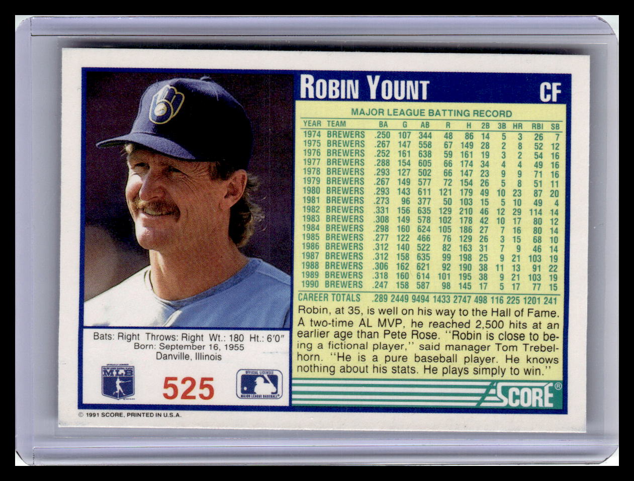 Baseball trading card of Robin Yount with player information and statistics.