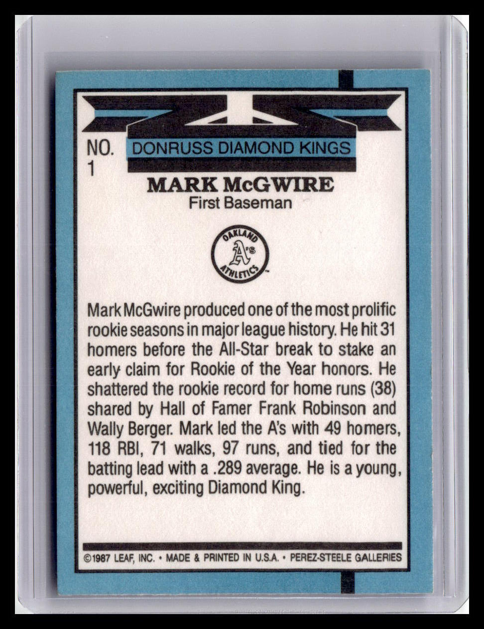 Baseball trading card featuring Mark McGwire with text and branding