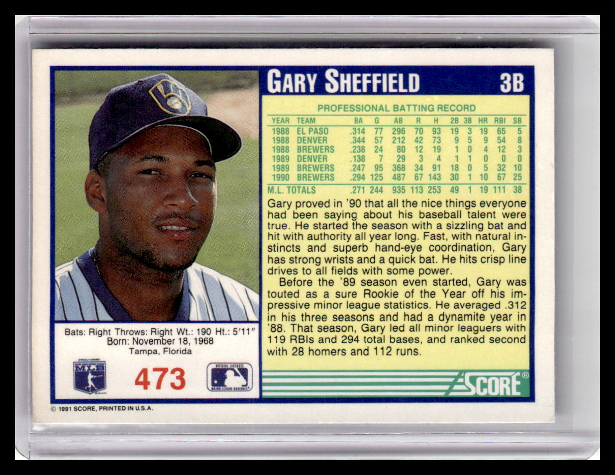 Baseball trading card of Gary Sheffield with player information and statistics.