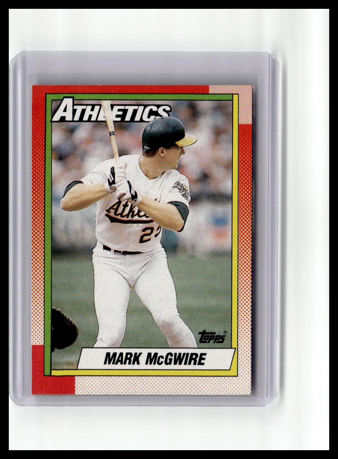 Baseball trading card of Mark McGwire with 'Athletics' branding on a white background