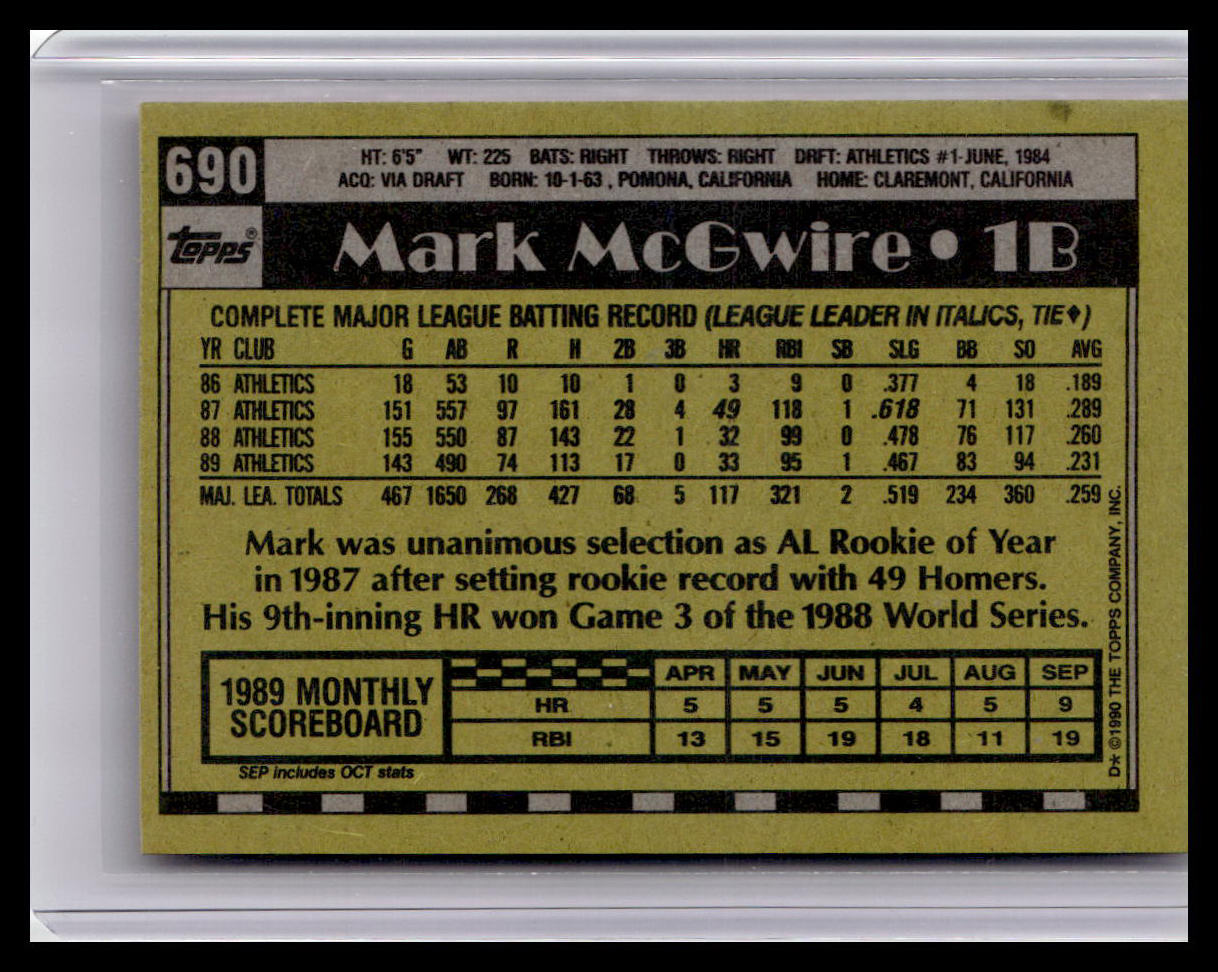 Baseball trading card of Mark McGwire with statistics and details on a yellow and black background.