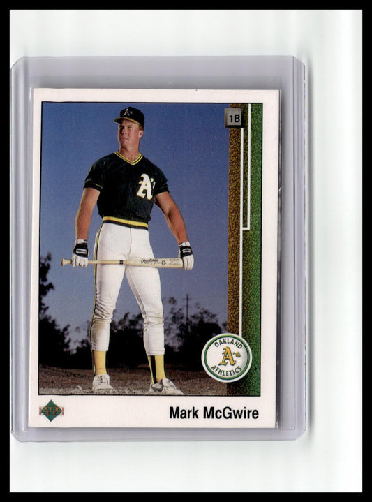Baseball trading card of Mark McGwire in a black and yellow uniform with a bat, on a white background.