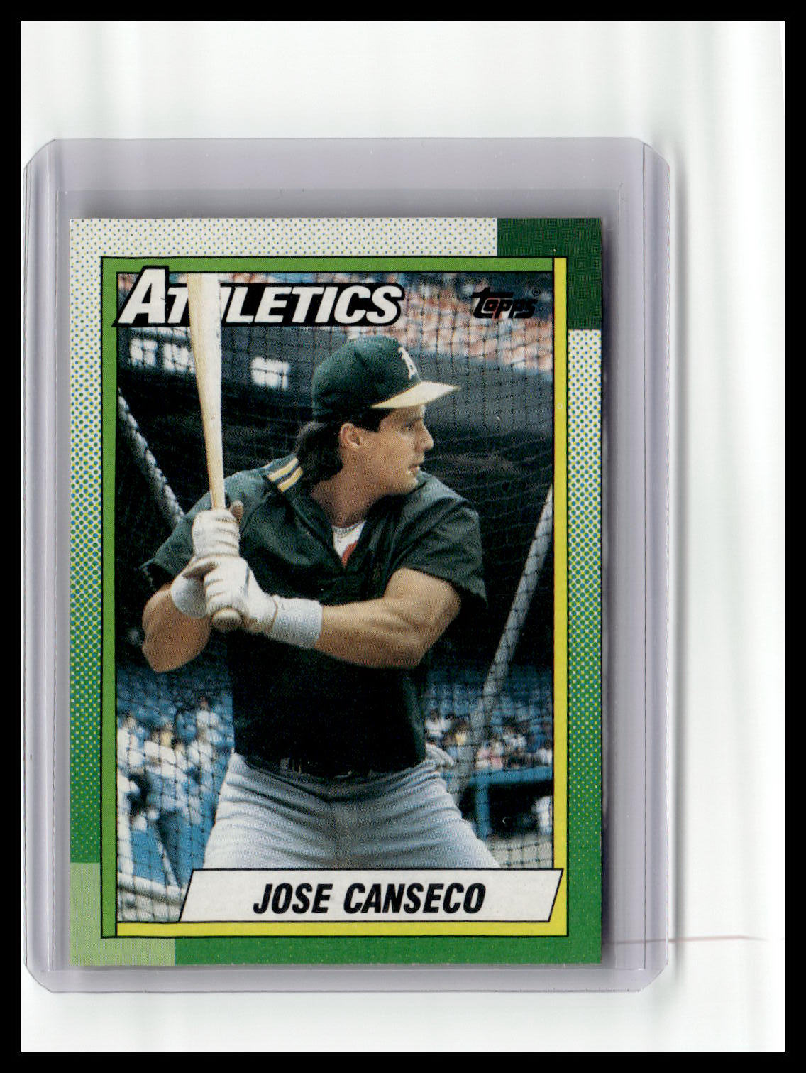 Baseball trading card of Jose Canseco with 'Athletics' branding on a white background