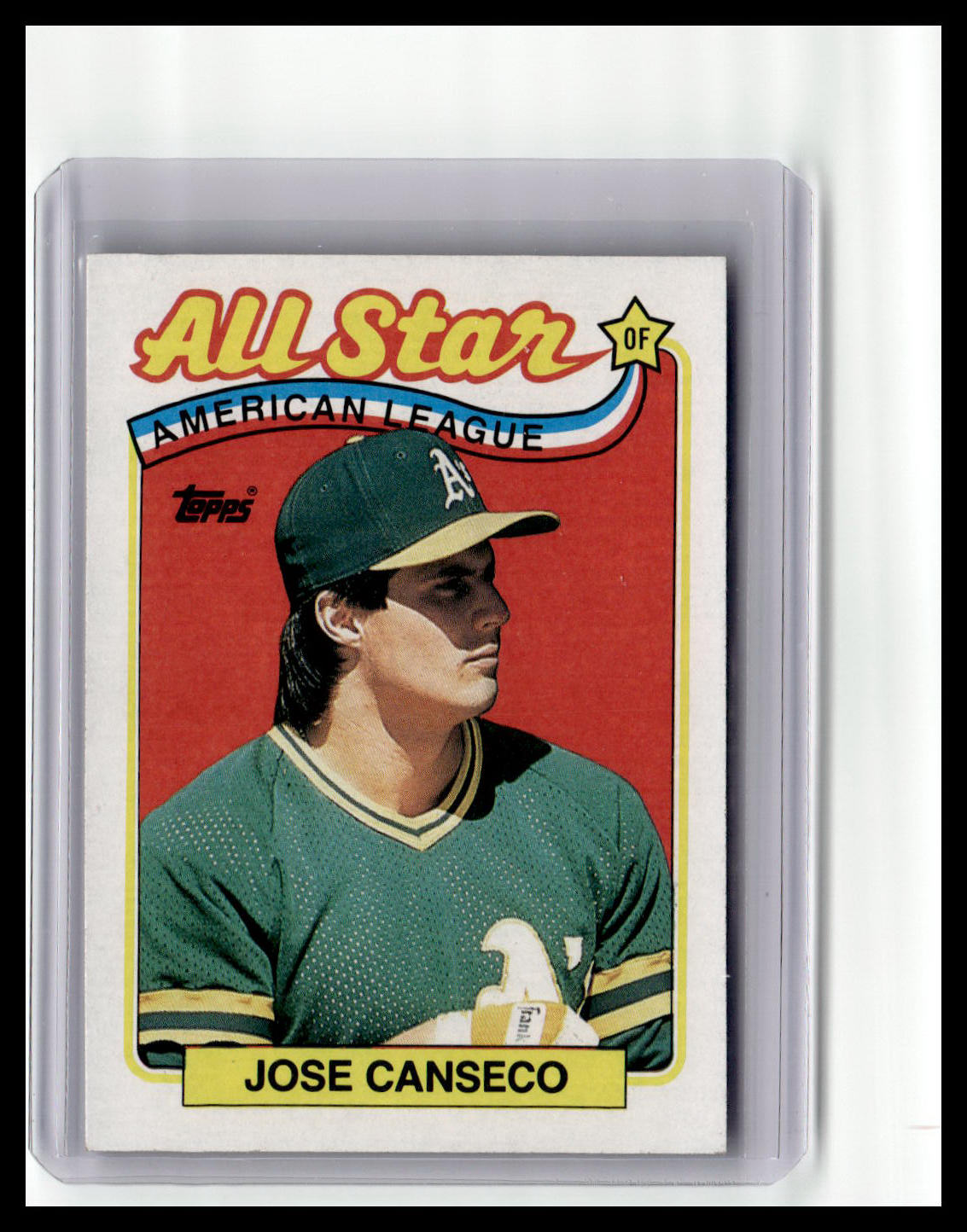 Baseball trading card of Jose Canseco in a protective case