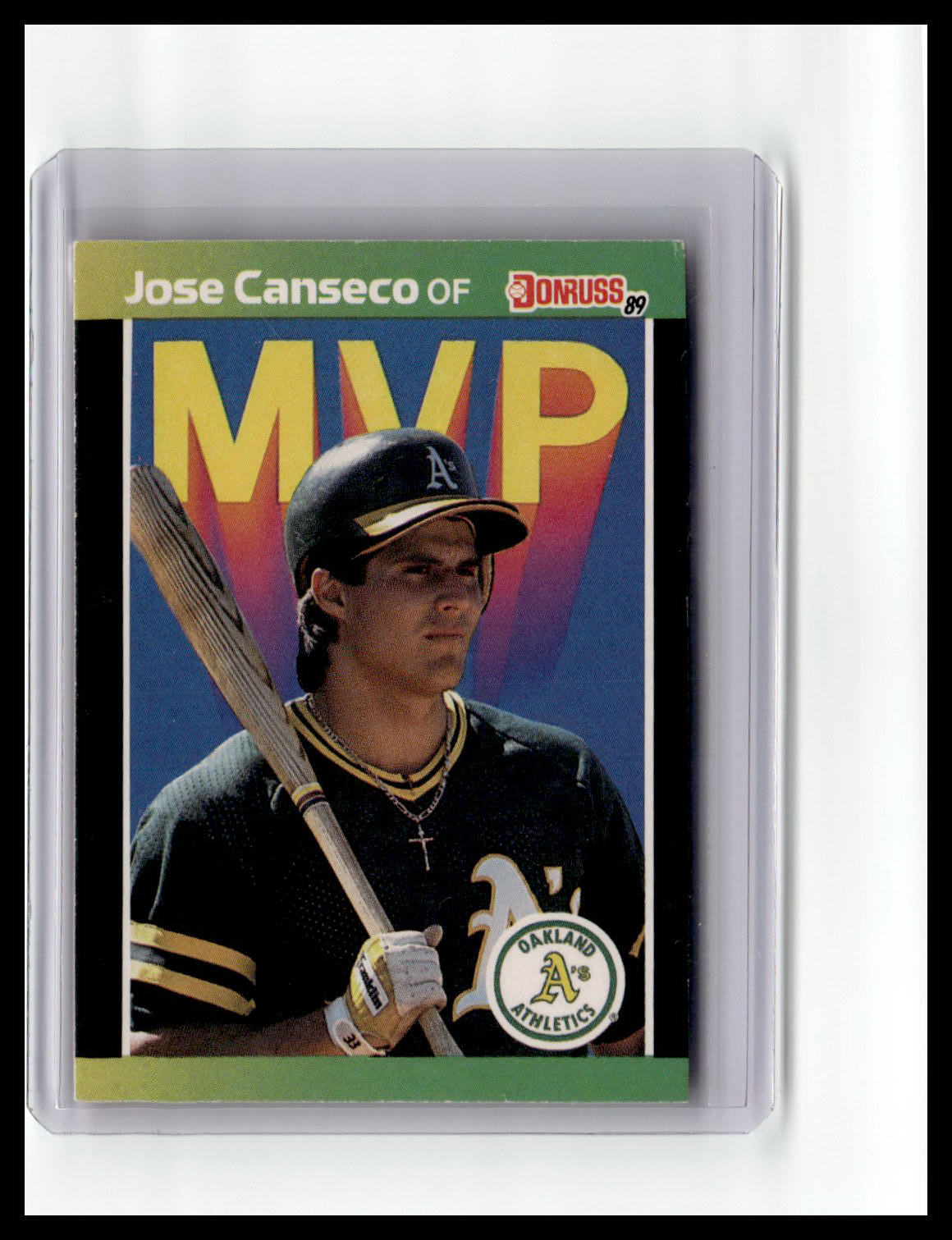 Baseball trading card of Jose Canseco with colorful 'MVP' text and Oakland Athletics logo.