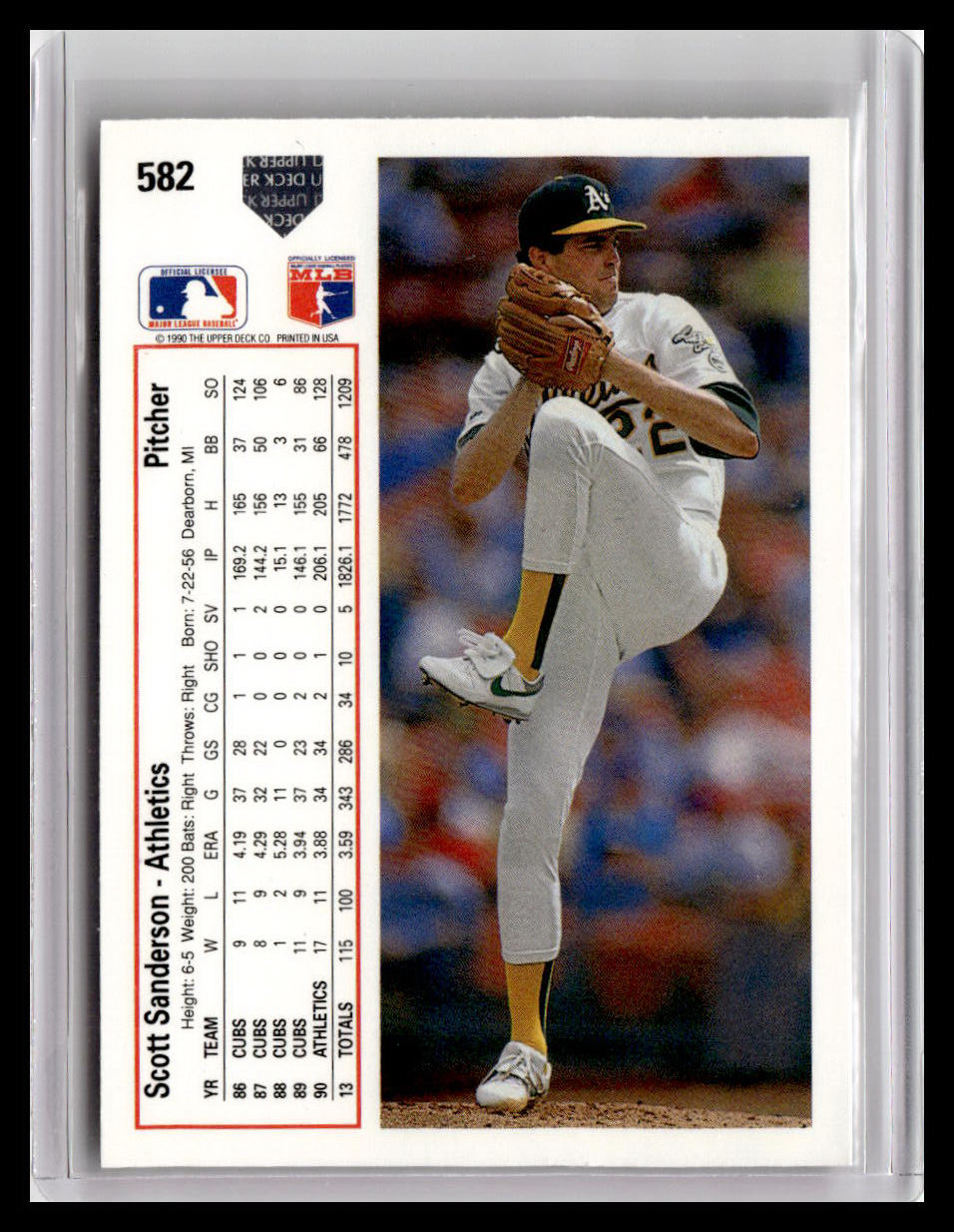 Baseball trading card of a pitcher in action, with player information on the left.