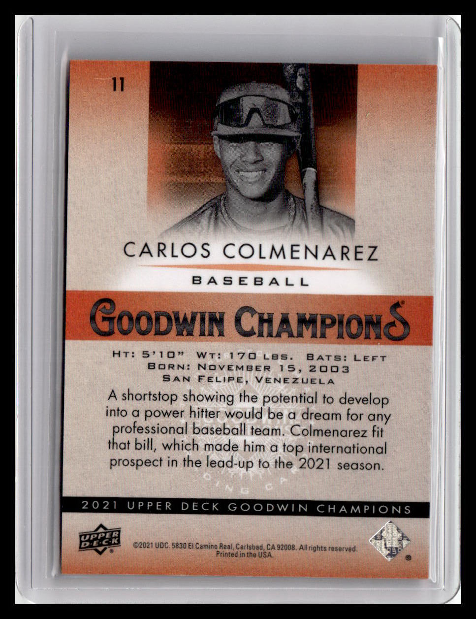 2021 Goodwin Champions #11 Carlos Colmenarez Platinum Orange Prism /399