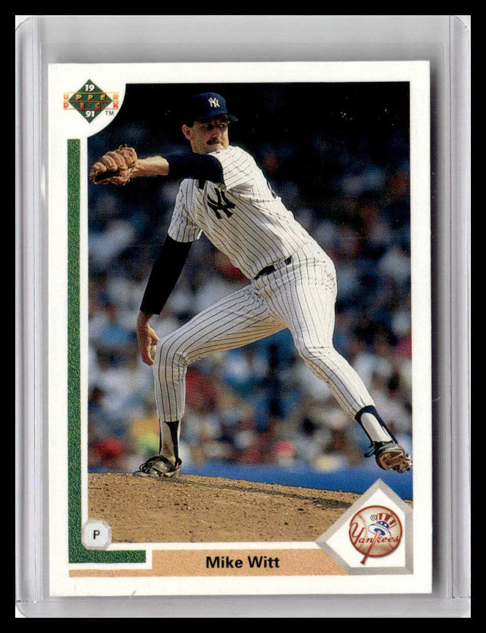 Baseball trading card of Mike Witt in a New York Yankees uniform, encased in a clear holder.