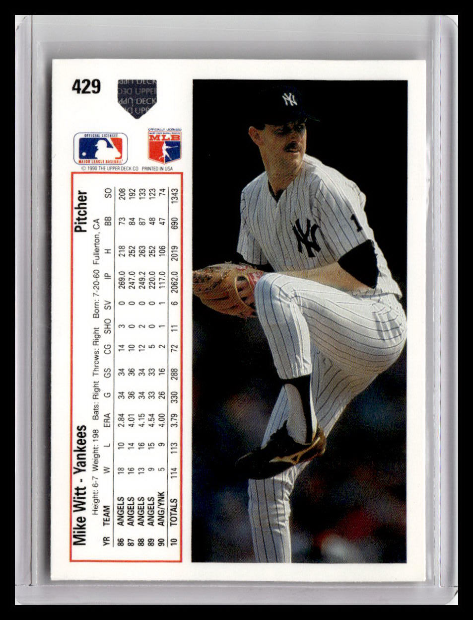 Baseball trading card of a pitcher in a New York Yankees uniform with player statistics on the left.