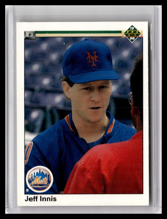 Baseball trading card of Jeff Innis in a Mets uniform with a blurred background