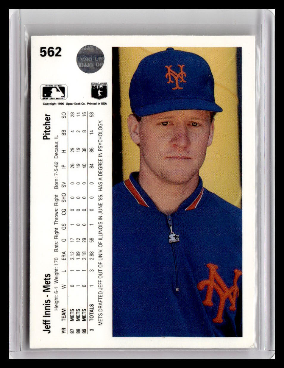 Baseball trading card of a pitcher in a blue uniform with orange logo, framed by a protective case.