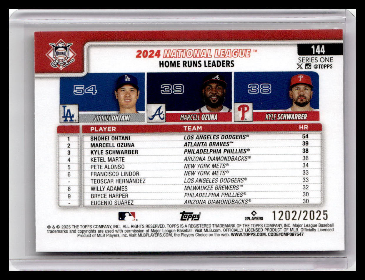 2025 Topps #144 National League Leaders HR - Ohtani / Ozuna / Schwarber Gold Border  /2025