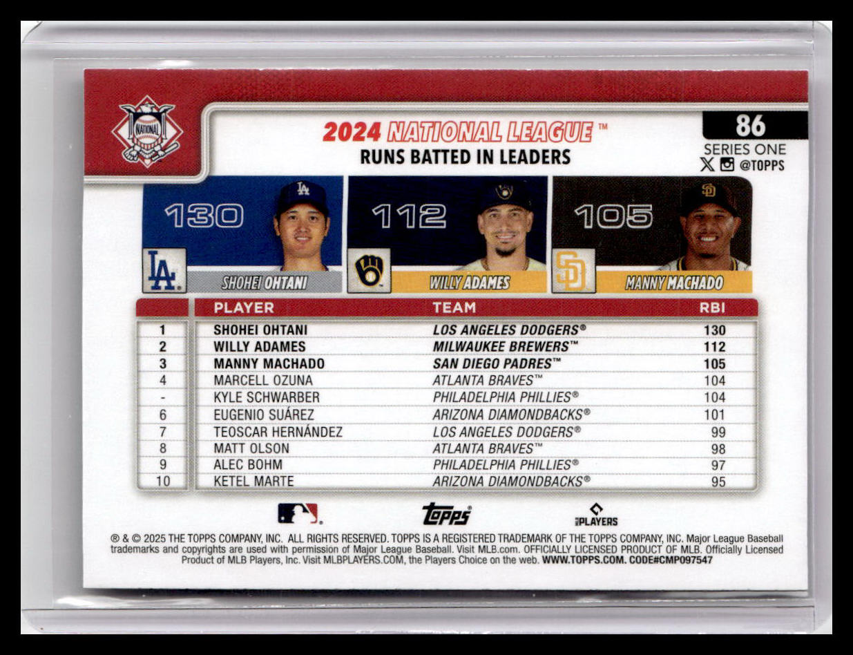 2025 Topps #86 National League RBI Leaders - Ohtani / Adams/ Machado