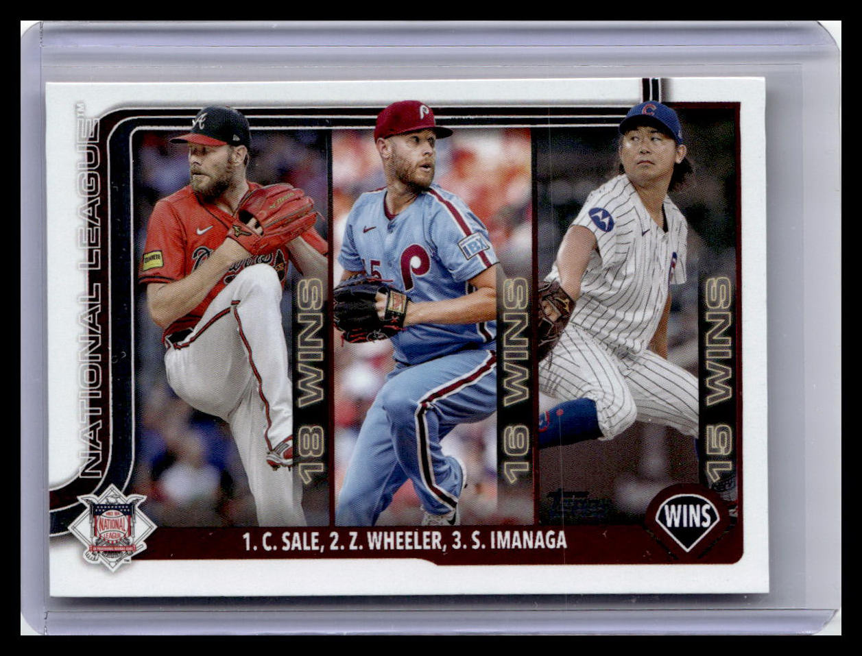 2025 Topps #234 National League Wins Leaders - Sale/ Wheeler/ Imanaga