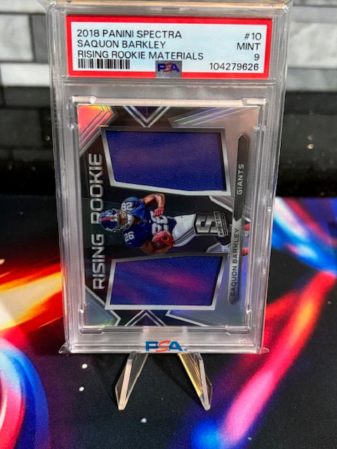 2018 Panini Spectra #10 Saquon Barkley Rising Rookie Materials 40/199 PSA 9