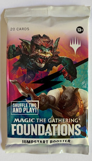 Magic the Gathering Foundations jumpstart booster pack with artwork of a creature on a colorful background.