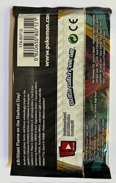 Back of a Pokémon trading card packaging with branding and text.