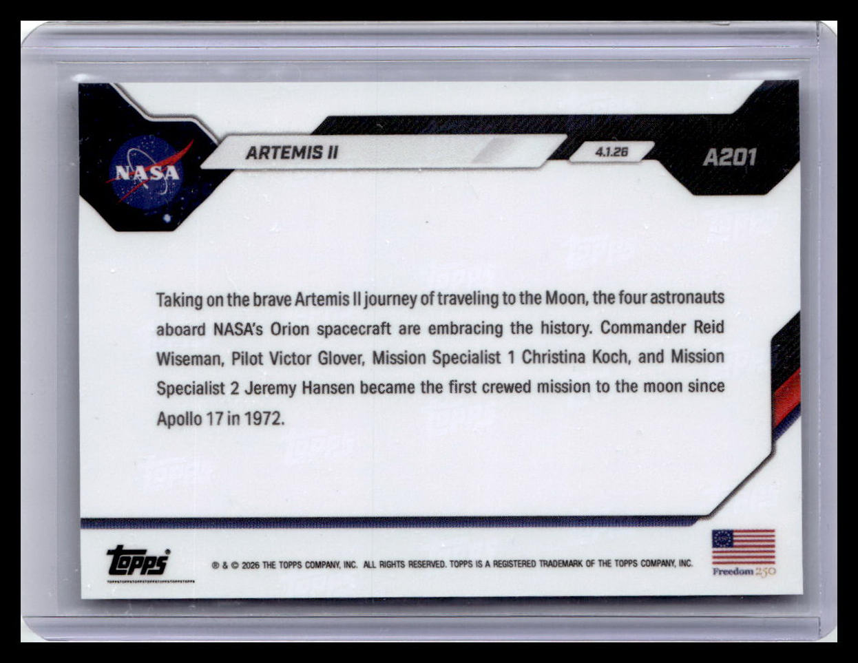 Topps Now Artemis II 1st Crew Mission Since 1972 - Back