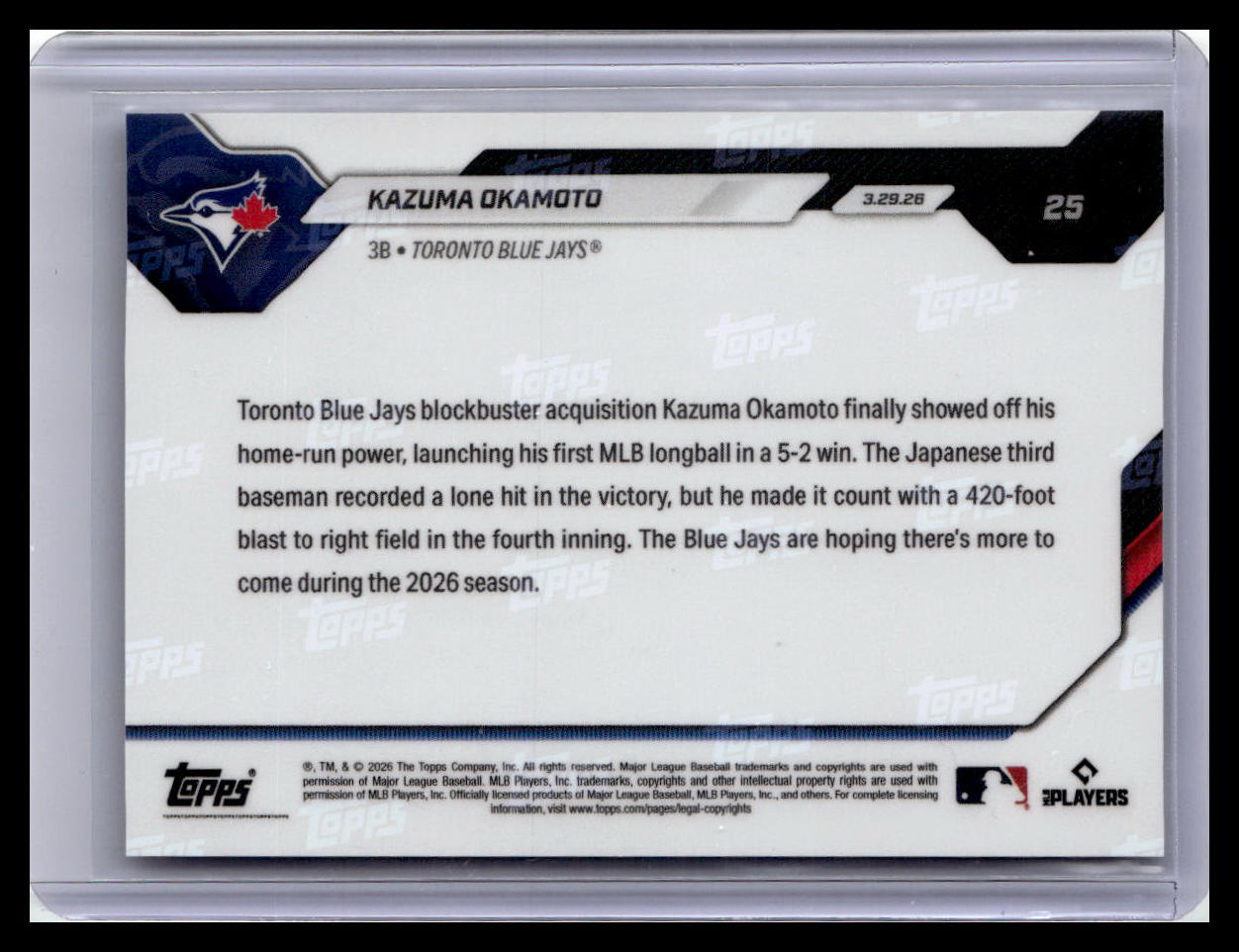 Topps Now Kazuma Okamoto Rookie Card - Back 