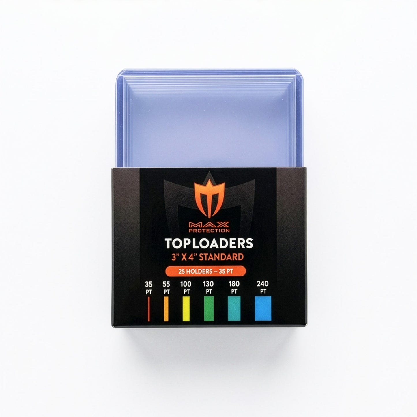 Max Pro Toploaders packaging with clear toploaders on a white background