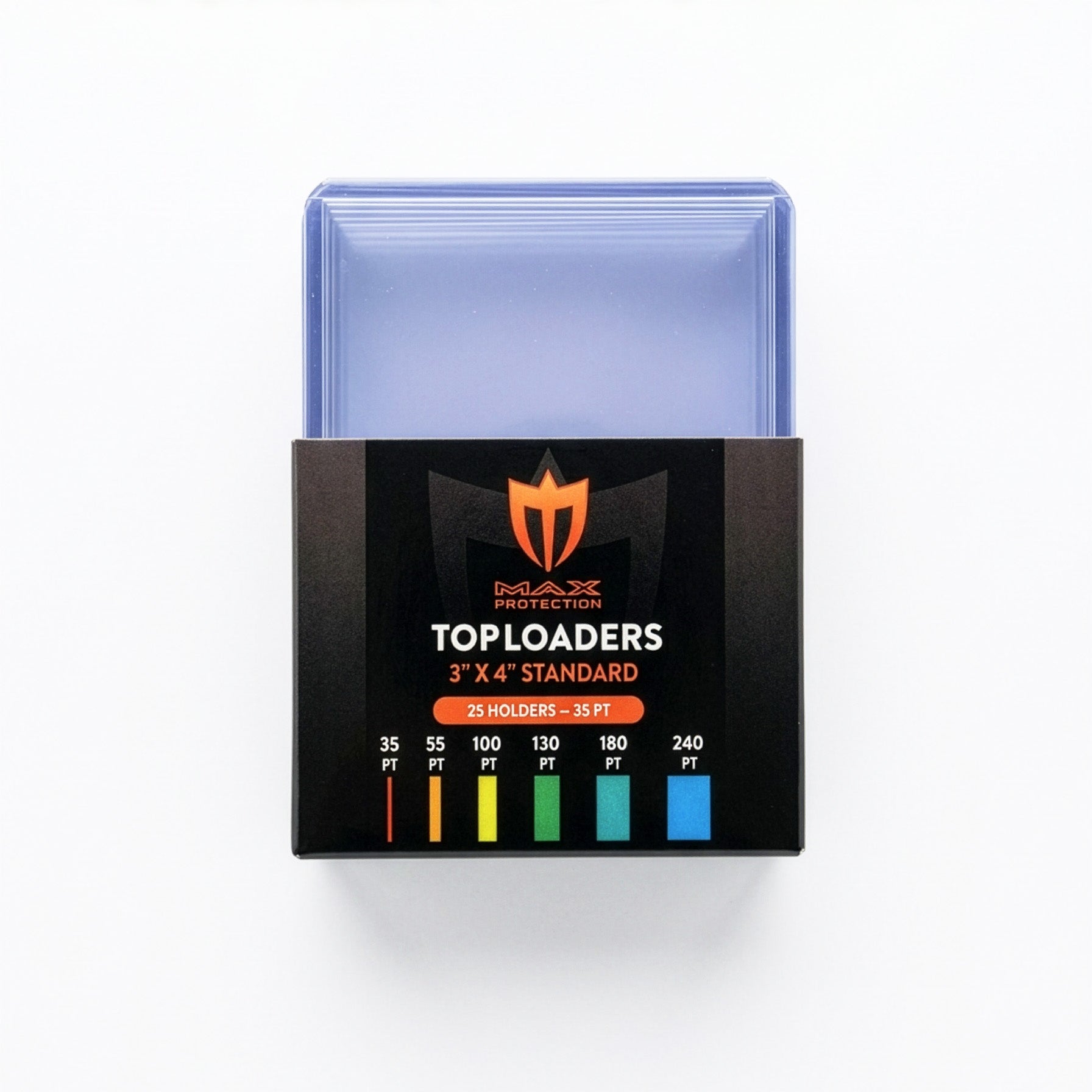 Max Pro Toploaders packaging with clear toploaders on a white background