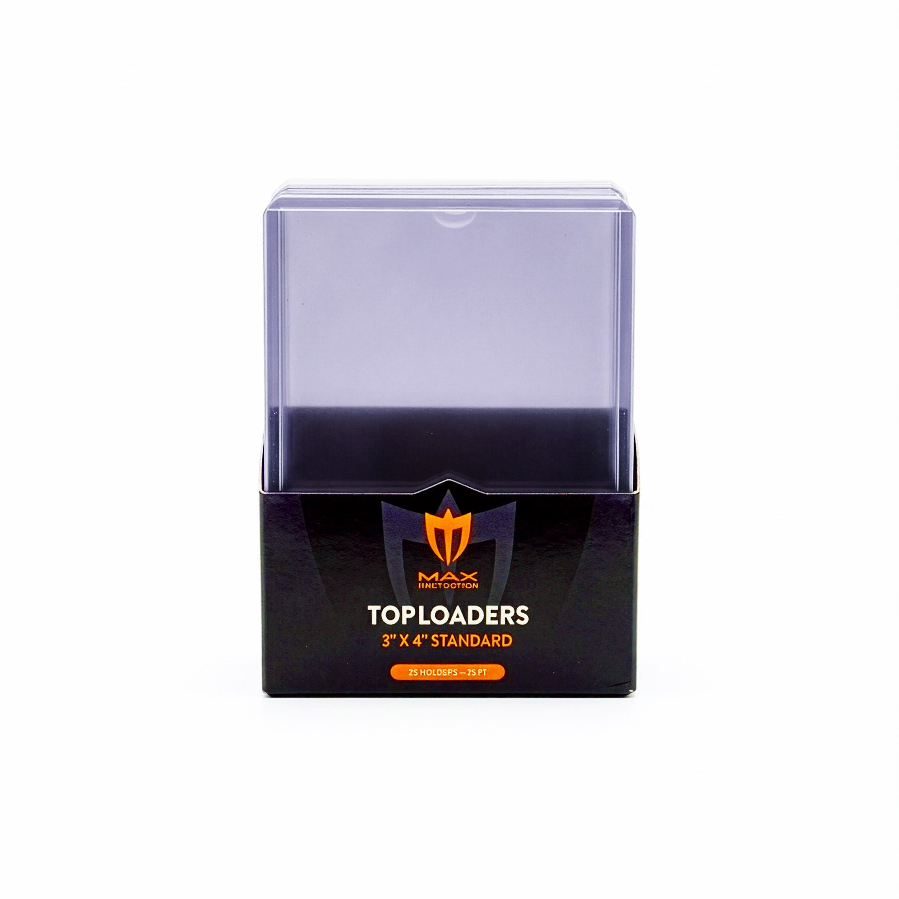 Card toploader packaging with Max Holder logo on a white background