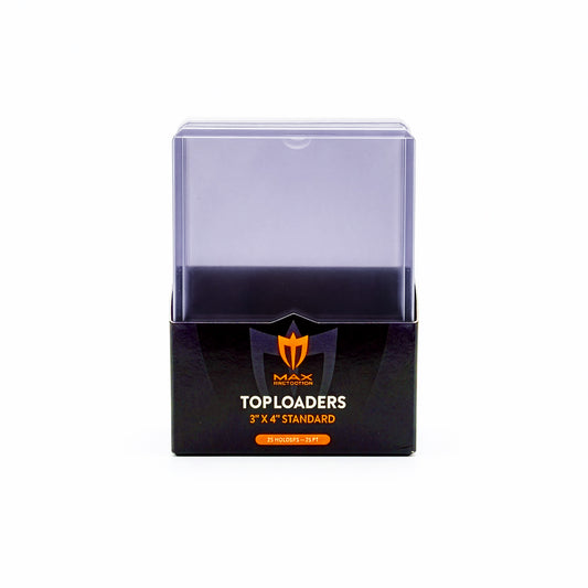 Card toploader packaging with Max Holder logo on a white background