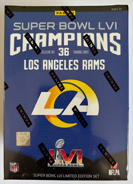 Super Bowl LVI Champions Los Angeles Rams trading card box with branding and logos.