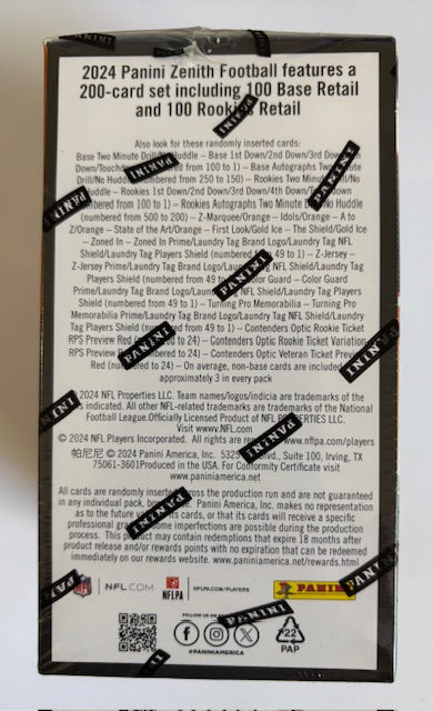 Back of a Panini Zenith Football trading card box with text and logos.